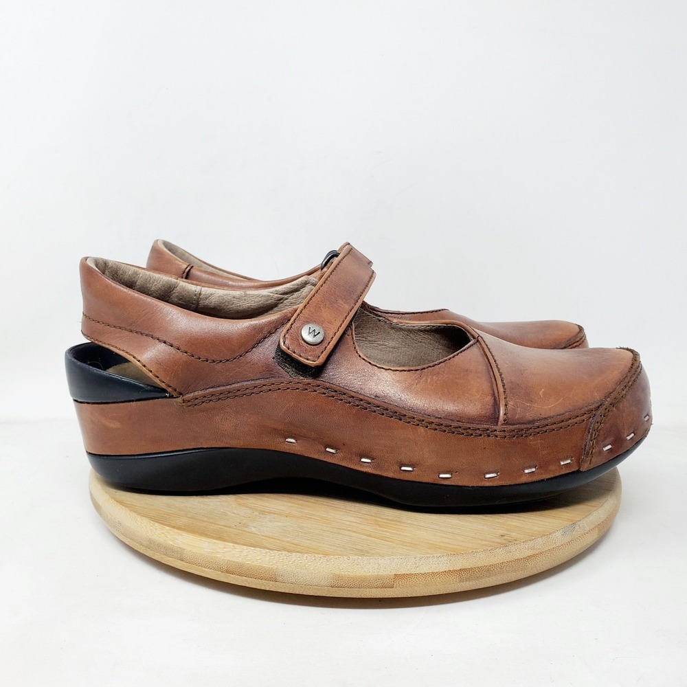 Wolky Cloggy Shoes Womens 39 Brown Leather Distressed Mary Jane Clog Strap Shoes
